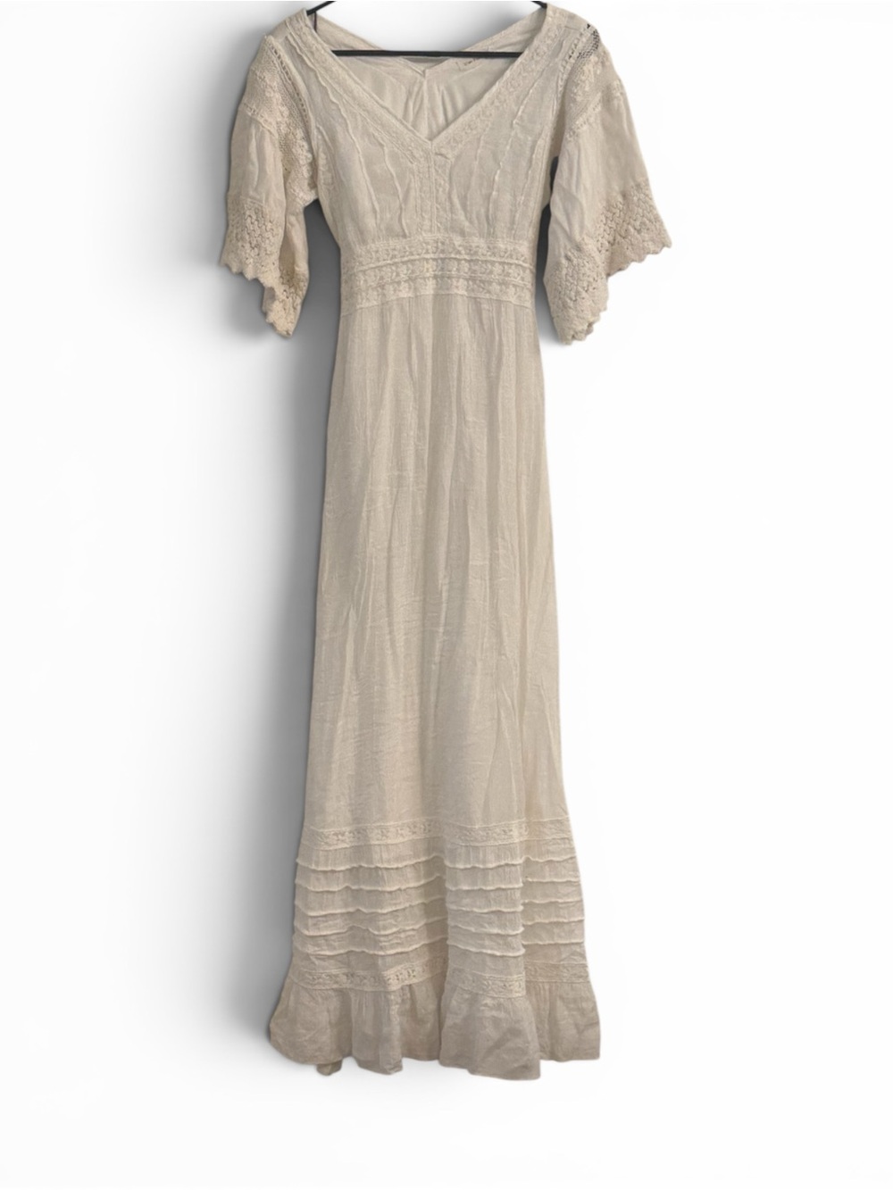 Blue Bird Ivory Cottagecore Maxi Dress Large Boho Lace Tie Back Prairie 54” Long